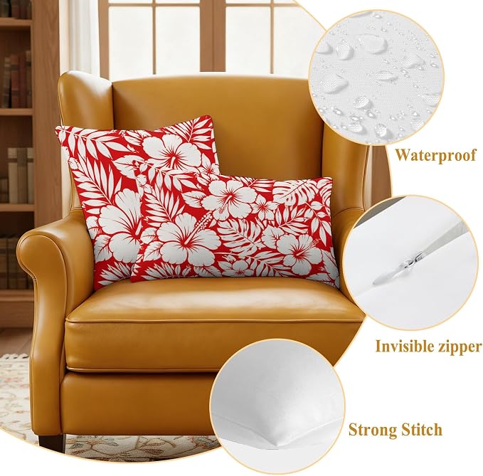 Red Hibiscus Flowers Waterproof Outdoor Pillow Covers Set of 2 Home Decor, Tropical Monstera Leaves Pillowcase Patio Pillow Covers for Couch Bench Patio Furniture Garden 24x24in