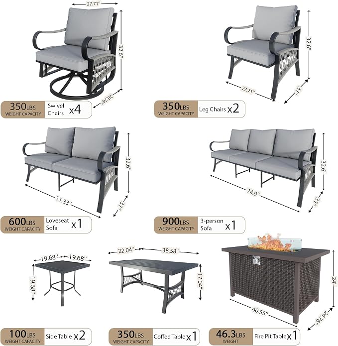 12 Pieces Patio Furniture Set, Metal Outdoor Conversation Sets with Fire Pit Table and Swivel Chairs for Backyard Garden Deck Porch Poolside (Thick Gray Cushions)
