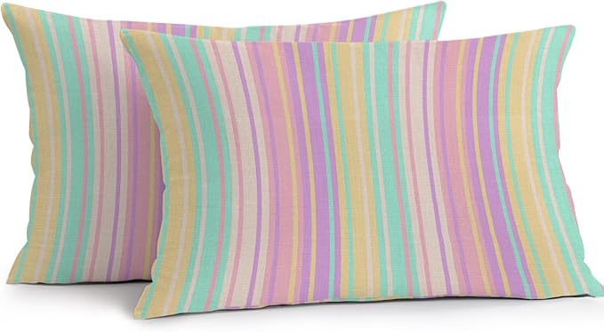 Pink Aqua Stripe Outdoor Pillow Covers 20x12 Inch Lumbar Pillow Covers Set of 2 Waterproof Decorative Throw Pillow Cases Yellow Geometric Country Geometric Cushion Covers for Patio Furniture Garden