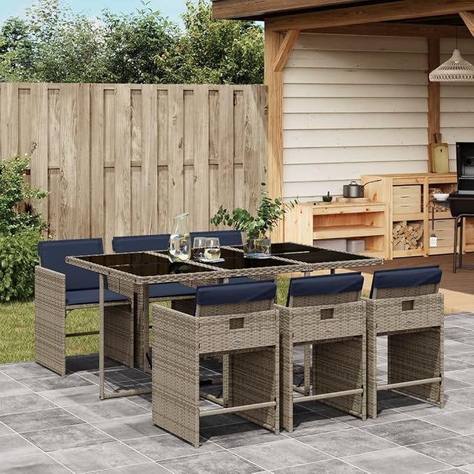 7 Piece Garden Dining Set with Cushions Grey Poly Rattan Outdoor Patio Furniture Table and 6 Chairs with Foldable Design Tempered Glass Top UV Resistant for Backyard