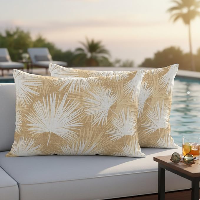 Lumbar Pillow Covers 20x12 Inch Set of 2, Beige Palm Leaves Coastal Waterproof Outdoor Pillow Covers, Summer Tropical Botanical Boho Decorative Cushion Pillowcases for Couch, Sofa, Bed, Garden, Patio