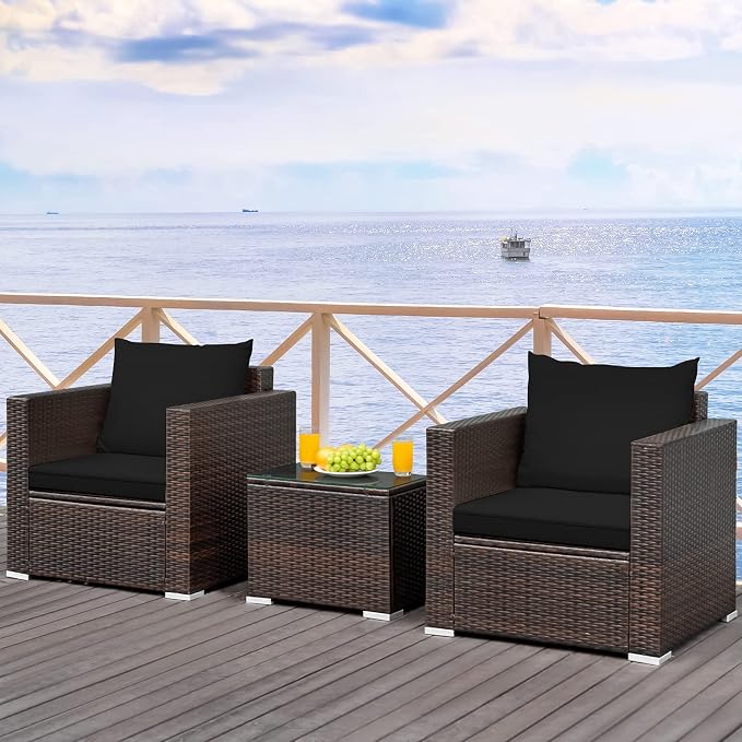 COSTWAY 3-Piece Patio Furniture Set, Outdoor Wicker Rattan Sofa with Cushions and Coffee Table with Tempered Glass, Modern Conversation Chair Set for Poolside Backyard Balcony Lawn (Black)