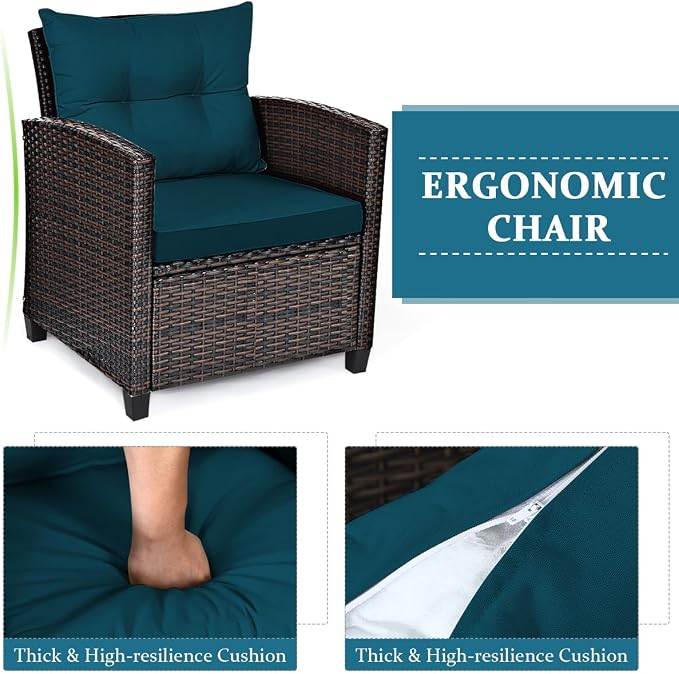 DORTALA Wicker Patio Furniture Set 3 Piece, Outdoor Table and Chairs with Tempered Glass Tabletop, Cushions, Small Rattan Conversation Sofa Set for Balcony, Porch, Backyard, Deck, Peacock Blue