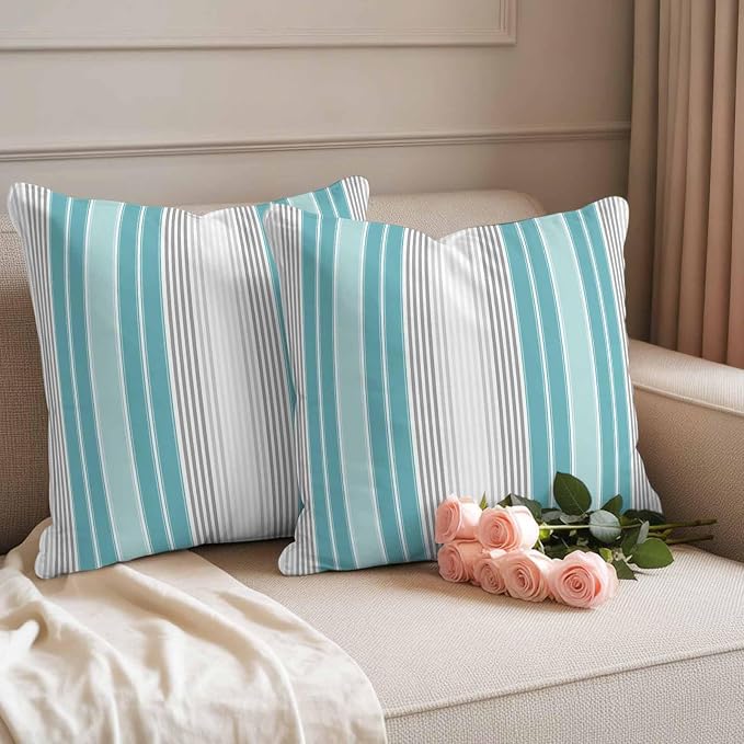 Chucoco Outdoor Waterproof Throw Pillow Cover, Teal Stripe Gray Line Decorative Pillows Cushion Covers, Minimalist Style 2 Pack Pillow Cases for Patio Garden Balcony Couch Sofa 20x20in