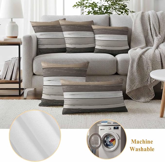 Outdoor Waterproof Pillow Covers Gray White Stripes Pack of 2 Lumbar Pillow Cover Wood Background Decorative Cushion Pillowcases for Patio Couch Bench Garden 16 x 16 Inches