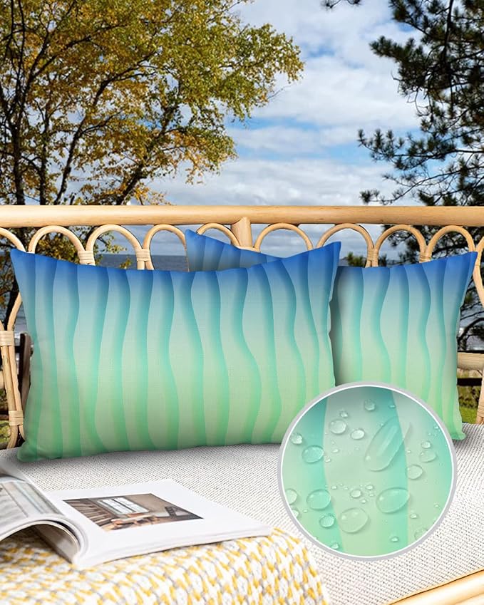 Outdoor Waterproof Pillow Covers Set of 2, Simple Abstract Geometric Blue Green Gradient Lines Patio Throw Pillow Covers, Decorative Cushion Case for Couch Sofa Furniture Garden, 20x12 Inch
