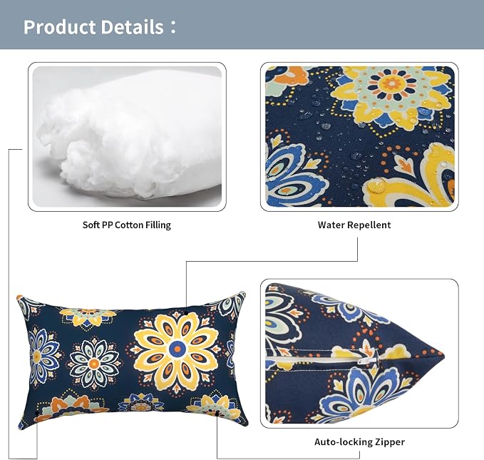 Outdoor Lumbar Pillows with Insert 12x20 Inch, Waterproof Throw Pillow for Patio Furniture, Decorative Lumbar Cushions for Garden Home Sofa Office Chair, Set of 2, Bloom Medallion‌Cobalt