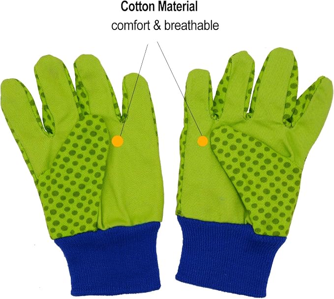 HANDLANDY 2 Pairs Kids Gardening Gloves, Cotton Kids Work Gloves, Green, M | Girls Boys Children Garden Yard Work Play Cycling Gloves with Knit Wrist, Cute Pattern, Gift