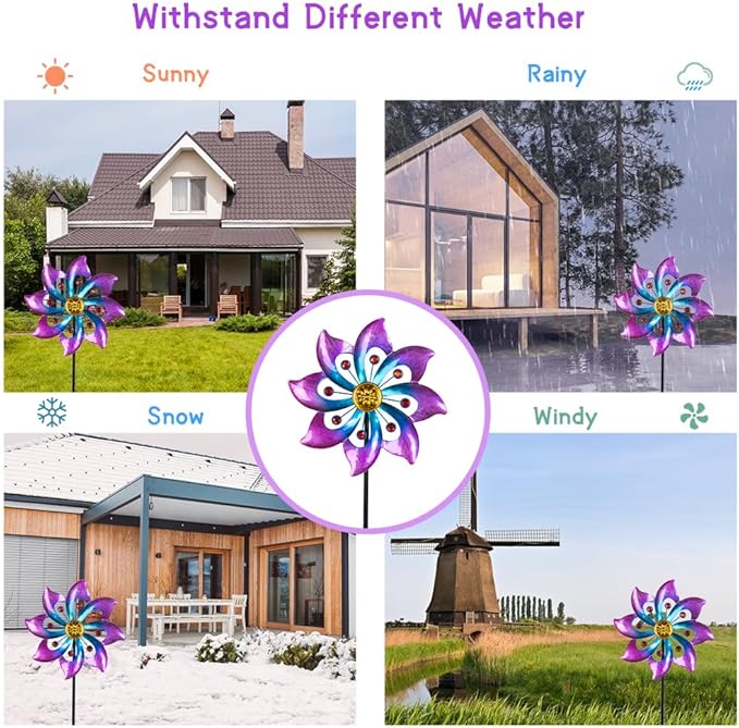 DREAMYSOUL Wind Spinners Outdoor, 9.6" Dia*40" H Metal Garden Pinwheels, Kinetic Wind Spinners for Yard and Garden Lawn Art Decor (Purple)