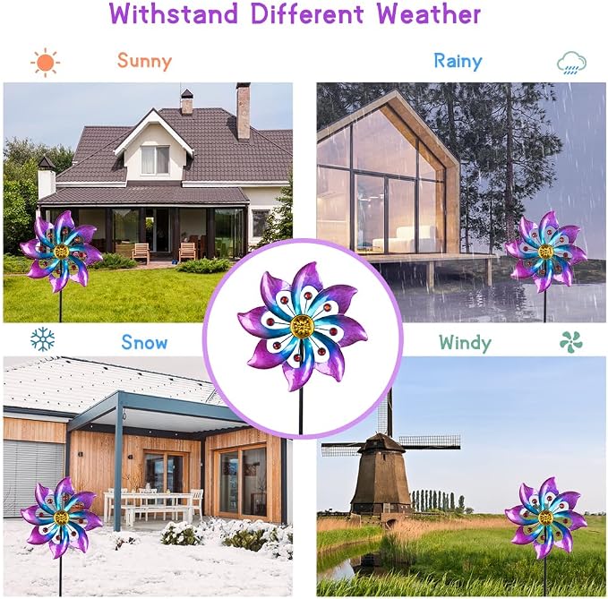 VEWOGARDEN Garden Metal Flower Wind Spinners Outdoor, Kinetic Wind Sculptures & Spinners for Yard Lawn Patio Decorations, Blue & Purple