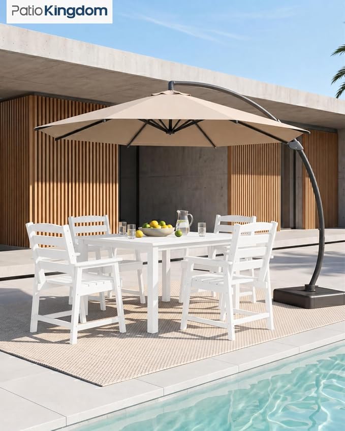 HDPE Outdoor Dining Set for 4 with 10FT Umbrella, White | All-Weather HDPE, Wood Grain Finish, 42.5" Square Table, Built-In Umbrella Hole, Seats 4, Patio & Poolside Ready