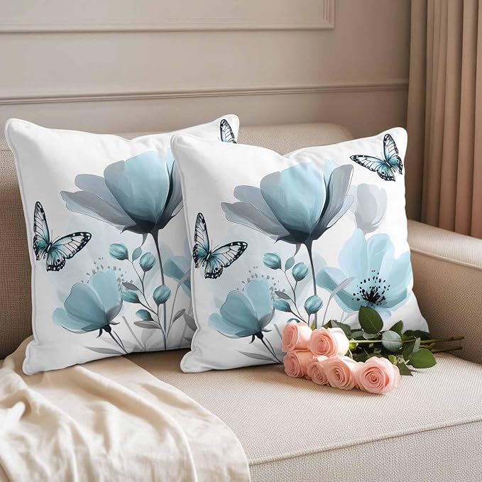 Spring Blue Tulip Waterproof Outdoor Pillow Covers Set of 2 Home Decor, Pastoral Botanical Florals Simple Pillowcase Patio Pillow Covers for Couch Bench Furniture Garden 26x26in