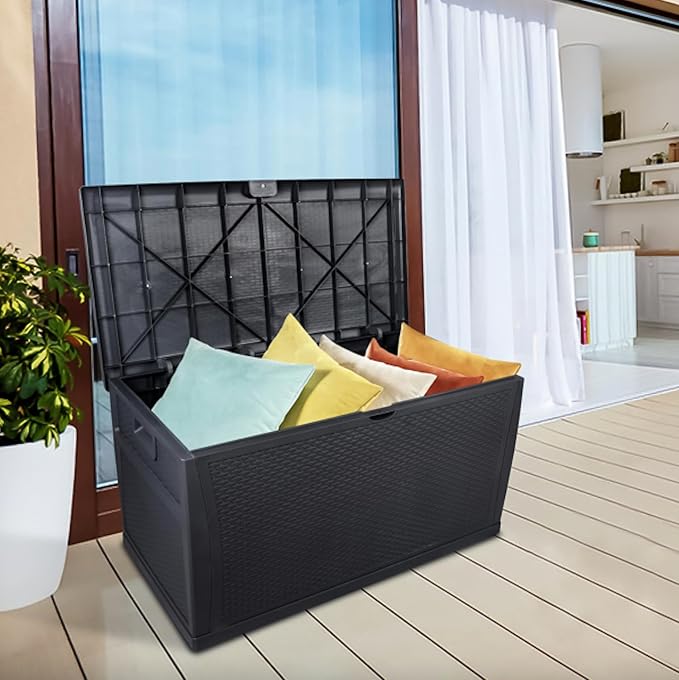 120 Gallon Large Resin Deck Box, Outdoor Organization Storage Container, Garden Storage Chest Lockable Seat for Patio Furniture, Tools (Black)