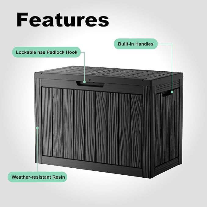 PatioZen 45 Gallon Resin Deck Box, Lockable Outdoor Storage Box for Patio Cushions Storage Furniture,Garden Tools, Pool Supplies, Weatherproof and UV Resistant (Black)