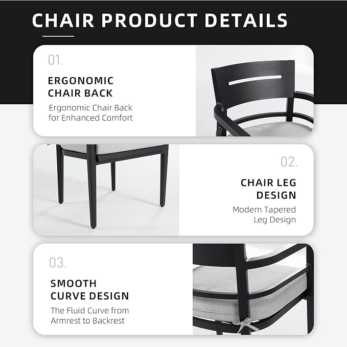 4 Piece Aluminum Dining Chairs Set, Outdoor/Indoor Stationary Dining Chairs with Comfortable Fabric Cushions &Tapered Feet for Garden, Backyard, Poolside, Bistro, Ember Black