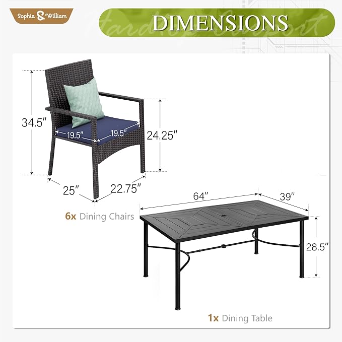 Sophia & William 7-Piece Patio Dining Set, Metal Table, PE Wicker Chairs | All Weather Patio Table and Chairs Set for 6, Perfect for backyard, deck, porch