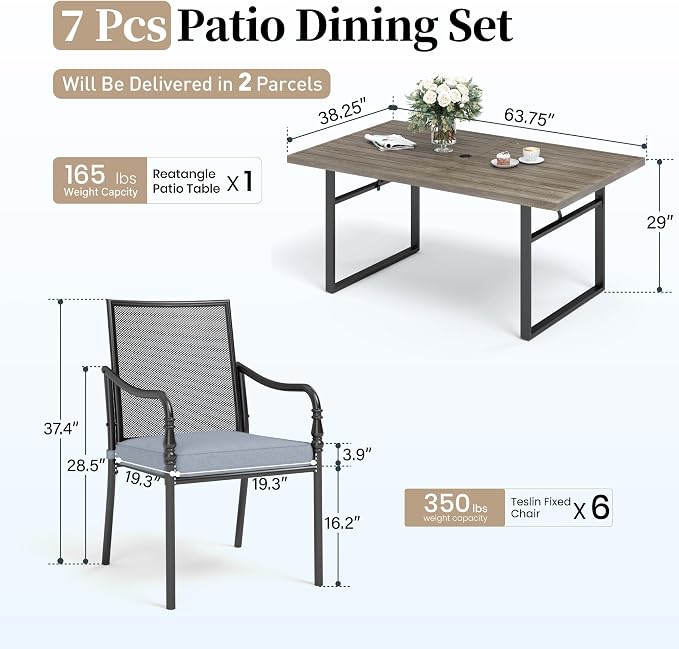 SUNSHINE VALLEY Patio Table and Chairs Set of 6, All-Weather Breathable Metal Mesh Patio Chair with Gourd-Shaped Armrests, 64x38 Wood-Like Table with Umbrella Hole, 7 Pcs Metal Frame Patio Dining Set