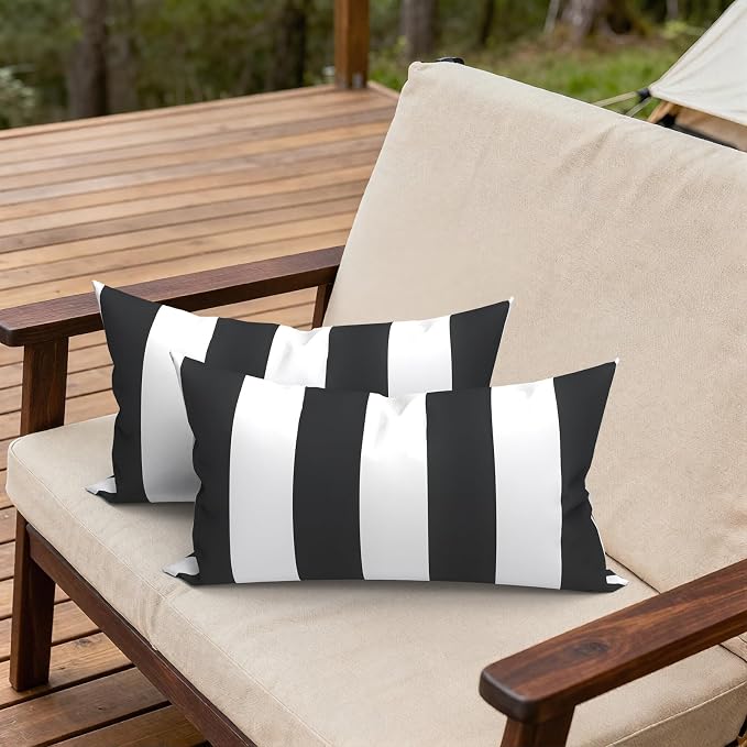Outdoor Lumbar Pillows, Water Repellent Cushion Pillows 12x20 Inch, Outdoor Pillows with Inserts for Home Garden, Pack of 2, Cabana Black