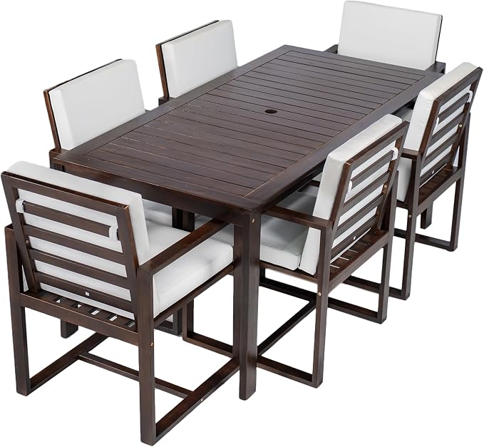 VilroCaz Patio Dining Set Outdoor Dining Table and Chair Set, Acacia Wood All Weather 7 Pieces Dining Gathering Set with Removable Cushions for Patio, Backyard, Garden