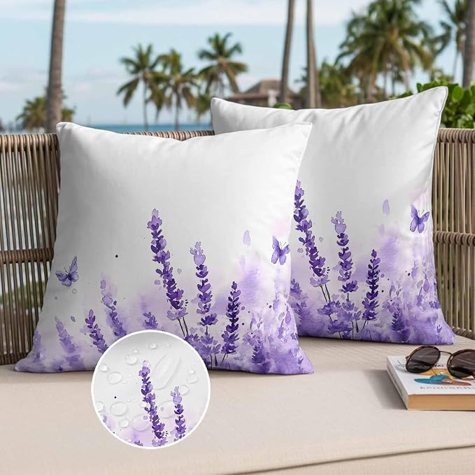 Spring Purple Lavender Outdoor Waterproof Throw Pillow Covers Set of 2, 24"x24", Country Watercolor Purple Floral Butterfly Decorative Pillow Covers Outside Cushion Case for Patio Porch Garden