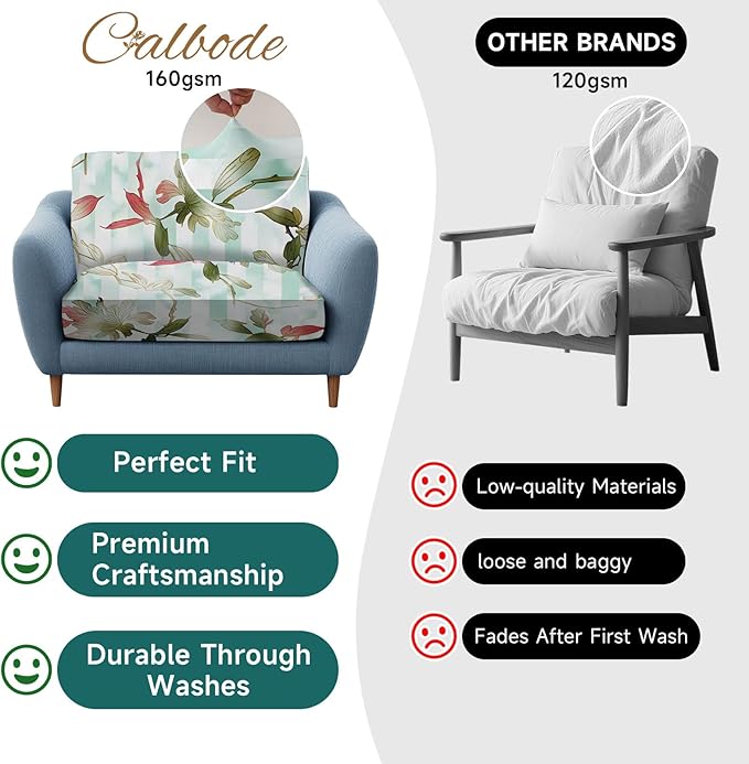 CALBODE 12Pcs Stretch Patio Cushion Cover, Striped Floral Pattern Couch & Sofa Slipcovers for Patio Furniture Cushions Washable Reusable Couch Covers Replacement for Spring Summer Autumn (Cover Only)