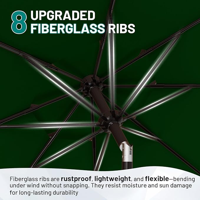 AreShark 9FT Patio Umbrella with Fringe, Wind-Resistant Fiberglass 8 Ribs Tassel Outdoor Umbrella with Crank and Push Button Tilt, Double Tier Vent Sun Shade for Pool, Deck, Backyard, Dark Green