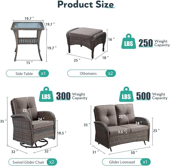 Outdoor Swivel Glider Rocker Chairs Set- 6 Piece Patio Furniture Set with A Glider Loveseat, Tempered Glass Side Table and 2 Ottoman, for Balcony, Porch - Brown Wicker, Grey Cushion