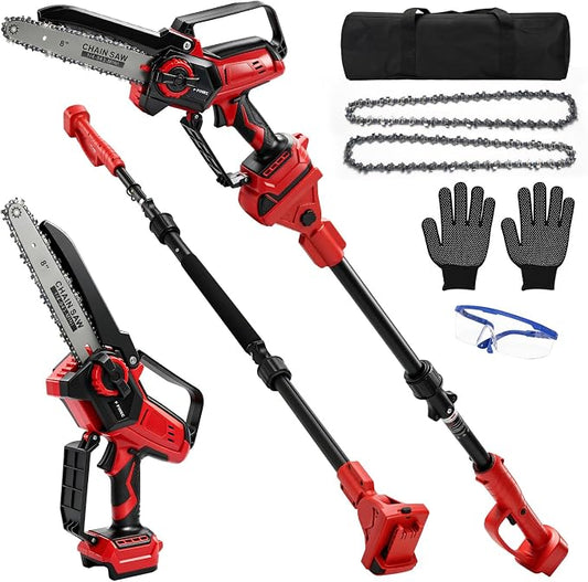 2-in-1 8 Inch Electric Pole Saw for Milwaukee 18V Battery, Brushless Cordless Mini Chainsaw with Extension Pole & 3 Chains, Auto Oiler, 14.5 FT Max Reach for Tree Trimming Branch Cutting (No Battery)