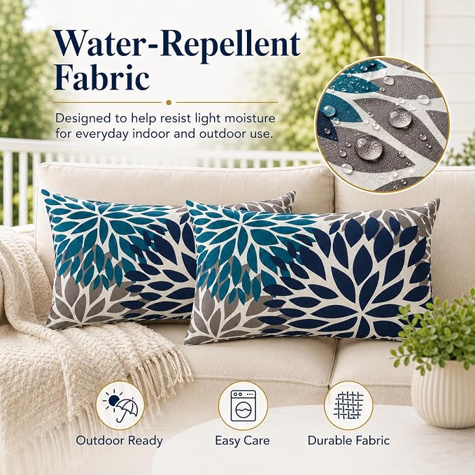 Outdoor Patio Lumbar Pillows, Pack of 2, 12"x20" | Fade Resistant Outdoor Waterproof Lumbar Pillow with Inners Decorative Garden Lumbar Cushions for Home Patio Terrace Sofa