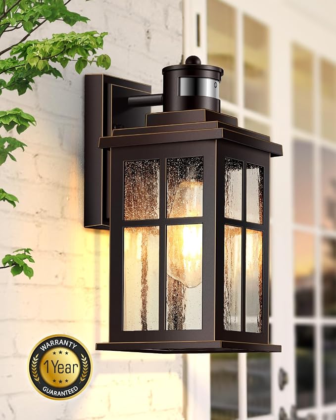 VIANIS Farmhouse Motion Sensor Outdoor Porch Lights for House, Oil Rubbed Bronze Gold Trim Dusk to Dawn Exterior Lighting Fixtures Wall Mount for Garage, Anti-Rust Outside Wall Sconces for Patio