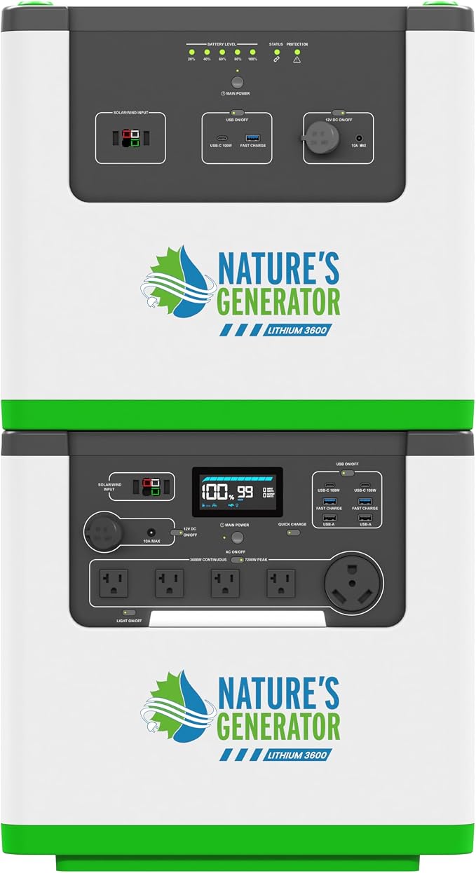 Nature's Generator Lithium 3600 Platinum PE,1 x Lithium 3600 + 1 x Pod + 4x 100w Panels + 6 Circuit Transfer Switch + 50' Cable