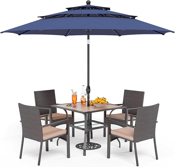 PHI VILLA 5pc Patio Dining Set with Umbrella, Square Table, Rattan Chairs | 37" Wood-like square dining table, cushioned wicker chairs, 10ft blue umbrella. Perfect for patio, deck, yard, porch.