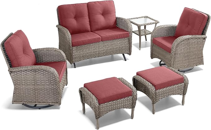 6 Pieces Patio Wicker Furniture Set-Outdoor Swivel Chairs Set of 2 Outdoor Glider Love seat with Outdoor Footstool Patio Furniture for Deck Porch Garden Balcony Poolside-Grey/Red