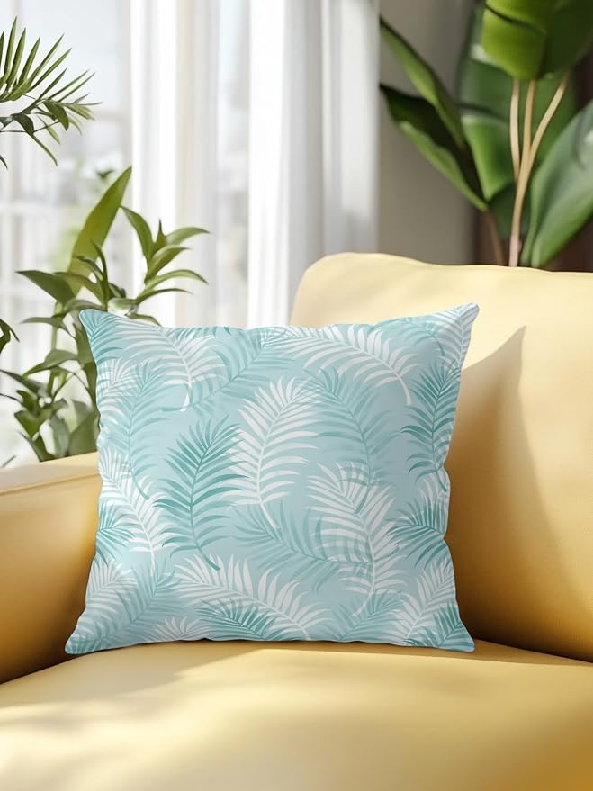 Waterproof Outdoor Pillow 1 Pack Aqua Tropical Palm Leaves Decorative Throw Pillows Cover & Insert 16x16 Inch Pillowcase Summer Jungle Foliage Pillows for Couch Sofa Bed Patio Furniture Indoor Outdoor