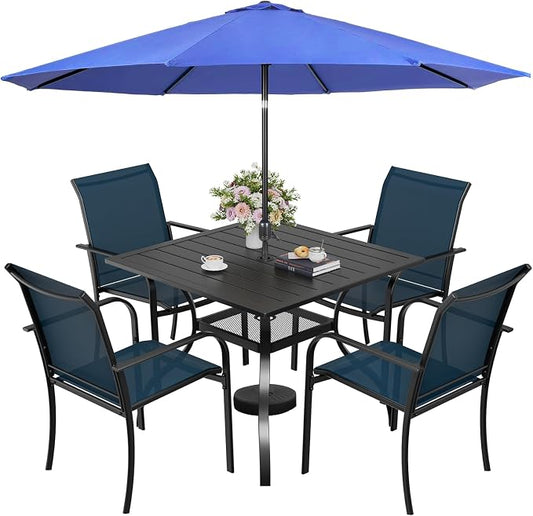 SUNCROWN 6 - Piece Outdoor Dining Set, Patio Furniture Set with 4 Textilene Dinning Chairs, 1 Steel Slat Metal Bistro Table and 1 Dark Blue 9Ft Patio Umbrella for Lawn Garden Backyard Deck, Dark Blue