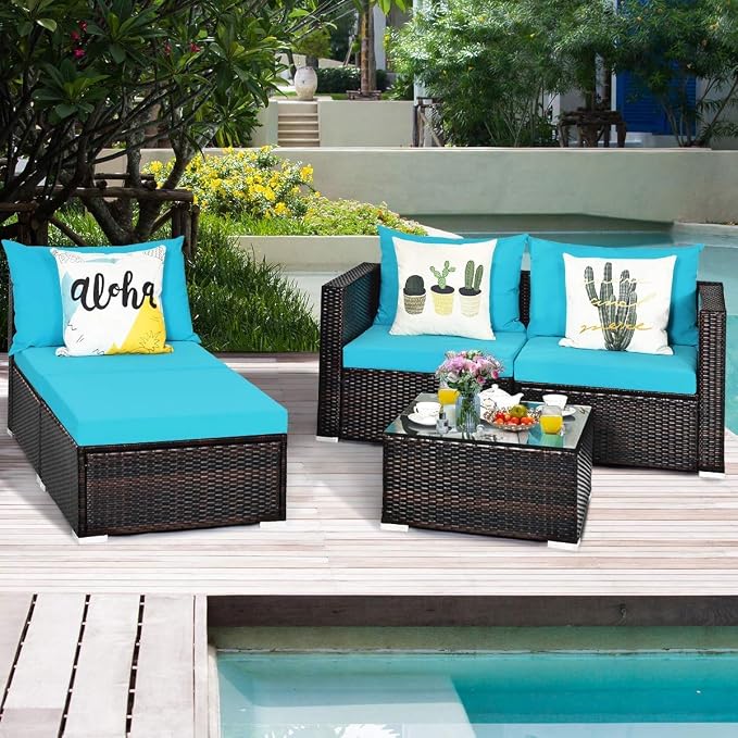 HAPPYGRILL 5-Pieces Patio Conversation Set Rattan Wicker Sectional Sofa Set with Coffee Table Outdoor Furniture Set with Cushions for Lawn Garden Porch