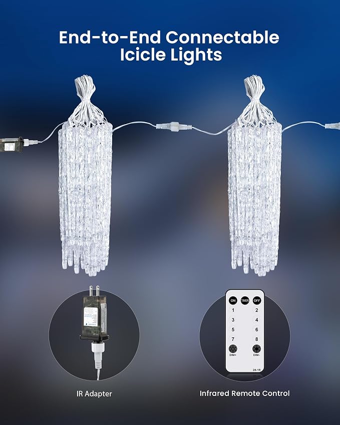Brightown Icicle Lights Outdoor with Remote, 20ft 20 Tubes 100 LED Ice Shape String Lights, Connectable Hanging Christmas Decoration Lights for Tree Patio Roof Holiday Decor, Warm White