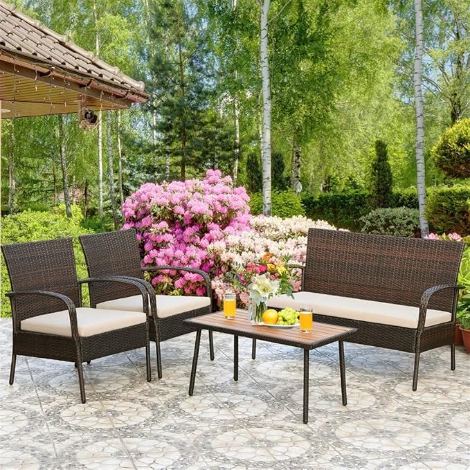 4PCS Patio Rattan Furniture Set Outdoor Conversation Coffee Table W/Cushions Single Chair