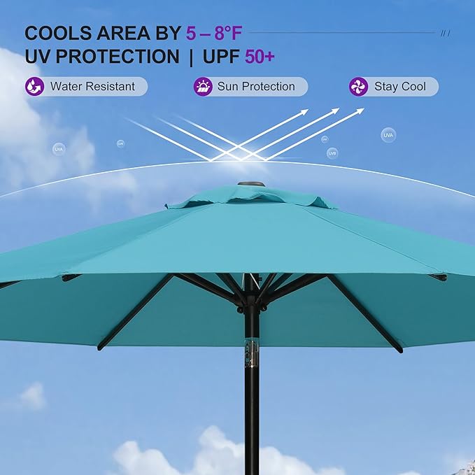 PURPLE LEAF 9' Round Patio Umbrella Outdoor Table Umbrella Aluminum Frame Market Umbrella with 8 Sturdy Ribs & Tilt for Garden Deck Lawn Pool Turquoise Blue