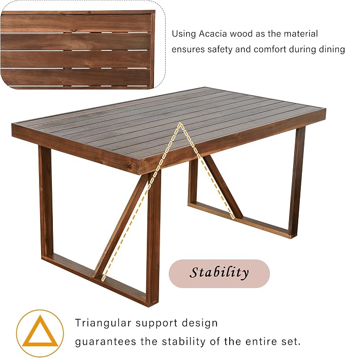 RUNNA Acacia Wood 6-Piece Outdoor Dining Set, Minimalist Patio Furniture with Dining Table,Bench and 4 Chairs for Garden, Balcony, Poolside (Brown-A1)