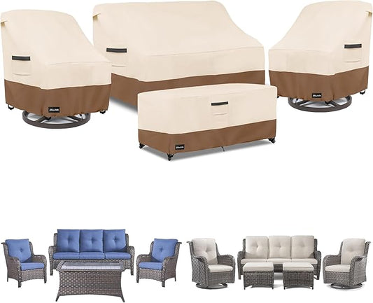 ANartcle Patio Furniture Covers 4 Piece Set, 600D Waterproof Heavy Duty Outdoor Furniture Covers,Fit Wicker Patio Sofa, Swivel Rocker Chair and Coffee Table,Beige&Brown