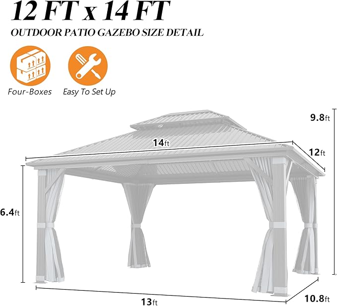 GARTOO 12'x14' Outdoor Hardtop Gazebo with Double Roof - Heavy-Duty Galvanized Steel Top Aluminum Frame Gazebo with Breathable Netting & Privacy Curtain for Patio, Porch, Garden, Lawn, Deck, Backyard