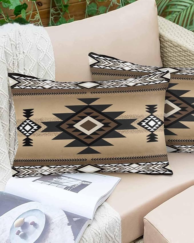 Vandarllin Outdoor Throw Pillows Covers 20x12 inch Set of 2 Waterproof Brown Tribal Style Decorative Zippered Cushion Covers for Patio Furniture, Southwest Native American Lumbar Pillowcases