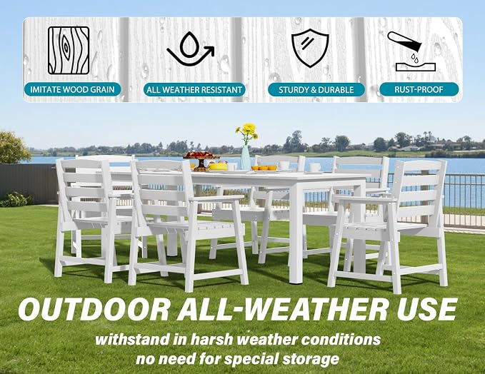 Ayge 9-Piece Outdoor Dining Set – HDPE Patio Furniture for 8 with 2" Hole Cut-Out Table & 8 Chairs, Perfect for Pool, Patio, Garden, White