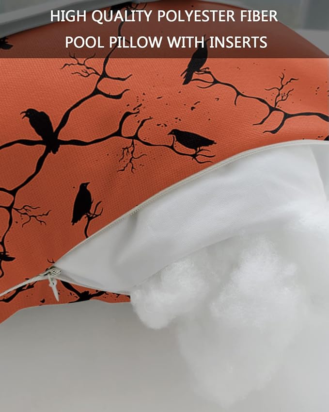 Outdoor Pillows Covers with Inserts Halloween Black Crow on Branch Orange Waterproof Recliner Pillow with Adjustable Strap Throw Pillows for Patio Furniture Pool Lounge Chair, 11x16 inch, 1PCS