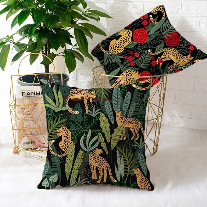 Outdoor Waterproof Throw Pillow Covers Jungle Leopard Tropical Cushions Pillows Case 18x18 Inch Set of 4 Patio Furniture Pillows Decorative for Home Garden Sofa Couch