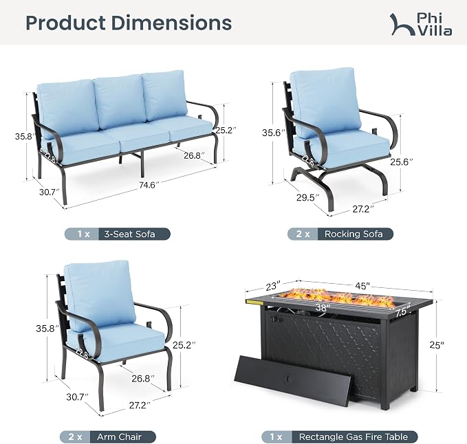 PHI VILLA Patio Furniture Set, 3-Seater Sofa, 2 Fixed Chairs, 2 Rocking Chairs and a 45" Fire Pit Table, Outdoor Metal Conversation Set with 5.75" Extra Thick Cushion for Garden Backyard Deck, Blue