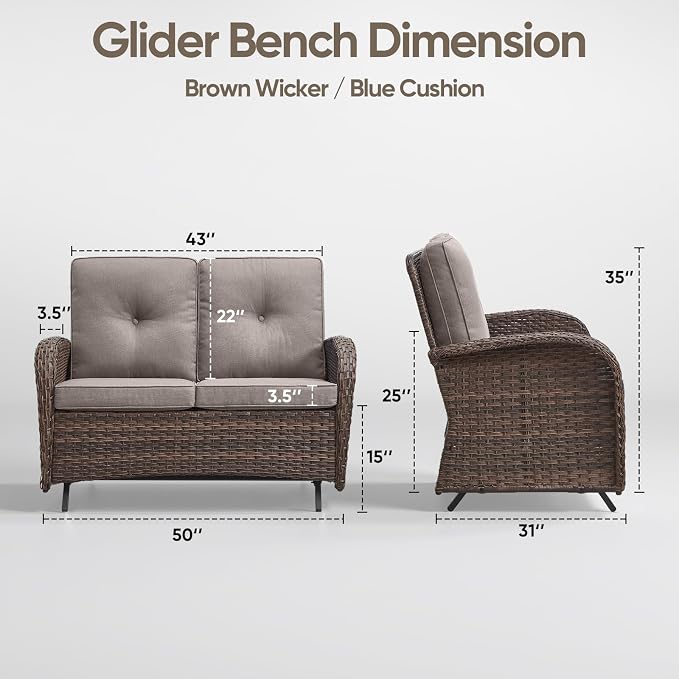 Patio Loveseat Wicker Loveseat Rattan Glider Sofa with Curved Armrest Thicking Back & Seat Cushions for Garden Balcony Backyard Brown Wicker|Grey Cushions (B) Patio Loveseat Glider