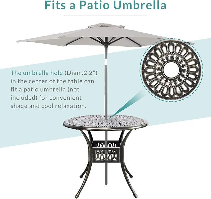 MEETWARM 3-Piece Outdoor Patio Dining Set, All-Weather Cast Aluminum Patio Conversation Set with 2 Cushions Swivel Rocker Chairs and 35.4" Round Table for Backyard Garden Deck, 2.2" Umbrella Hole