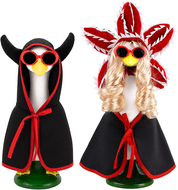 Porch Goose Spooky Monster Outfit 4 Pieces Porch Goose Alien Monster Costumes with 1 Blonde Goose Wig Creepy Plant Hat Horned Cloak Decor for Lawn Goose Statues